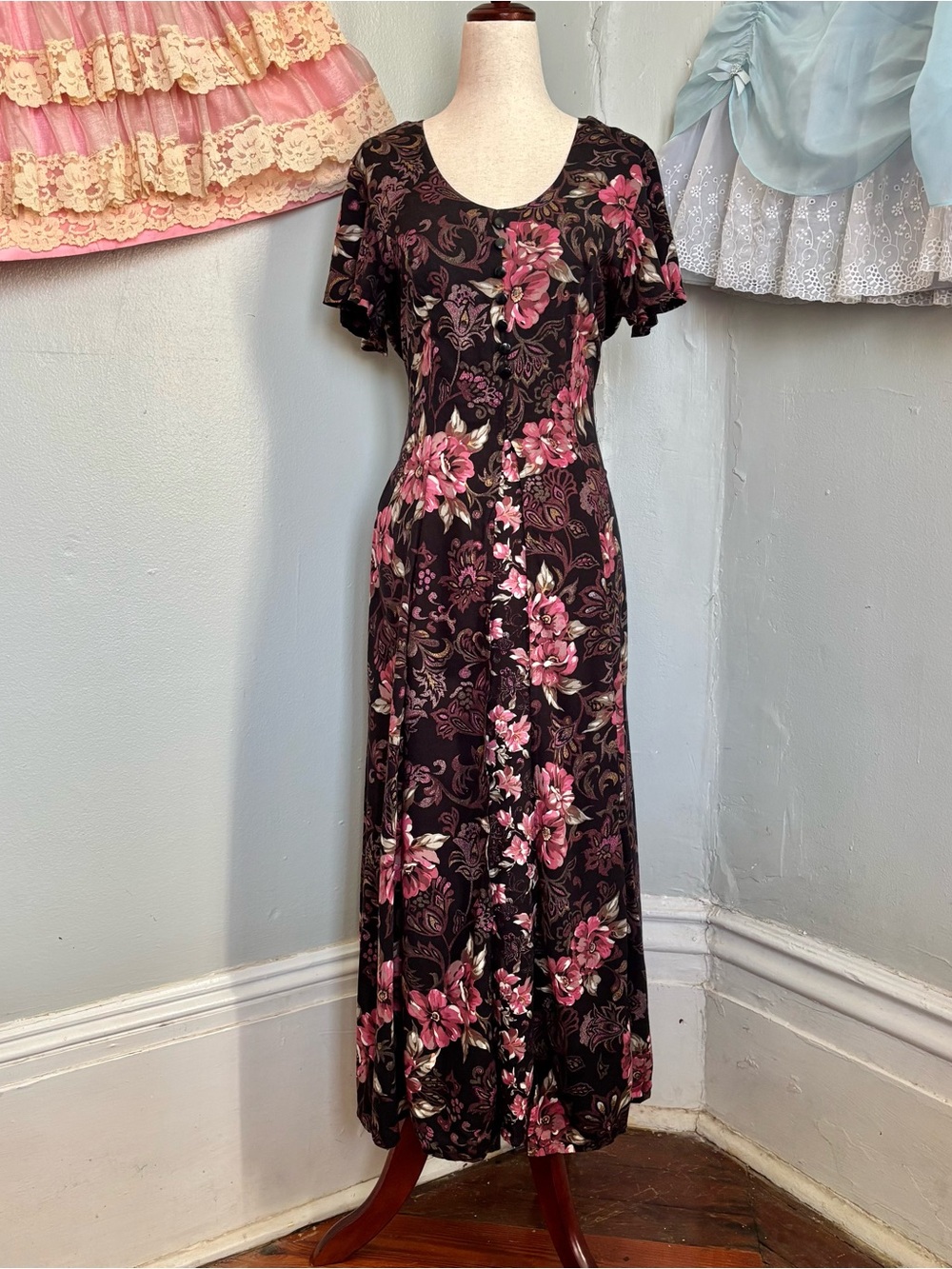Women's Black Maxi Dress with Pink Floral Print